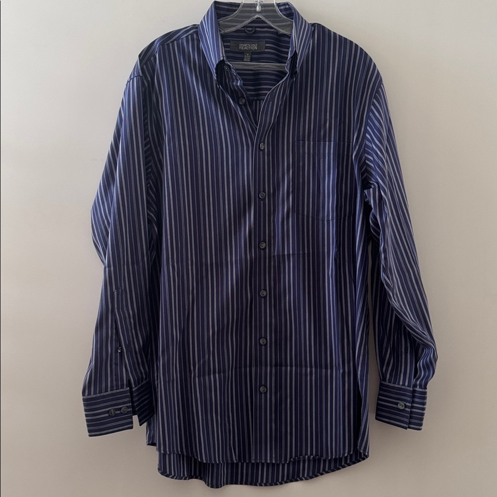 Kenneth Cole Navy Striped Shirt Size M  Neck 15 -15.5 Long Sleeve 32/33 Non iron - Picture 12 of 16